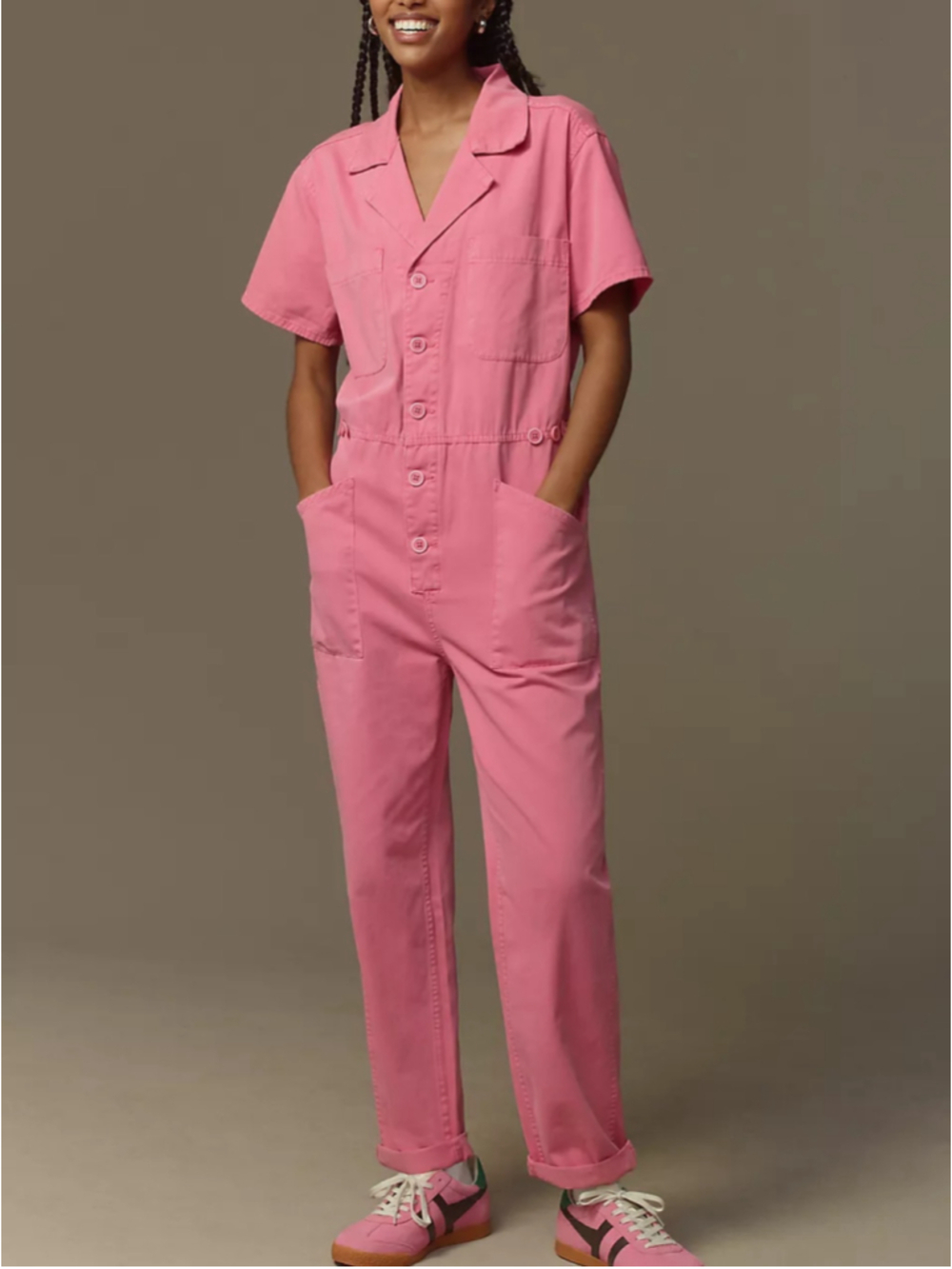Pistola Anthropologie Grover Short Sleeve Jumpsuit Utility Pink Retro Large